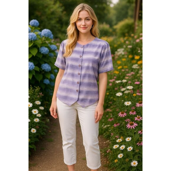 Alfred Dunner Tops - Alfred Dunner Size 16 Lavender Stripe Button Blouse Cottagecore Soft Grunge Rayo